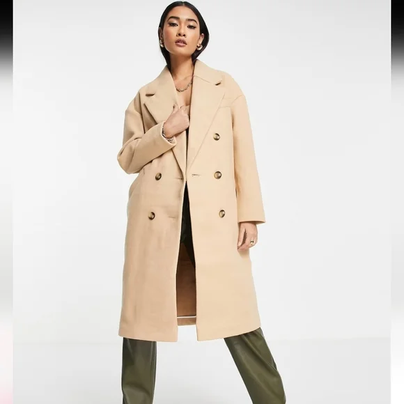 SPRING SALE | Topshop Double Breasted Long Coat in Camel Sz 4 - Picture 1 of 7